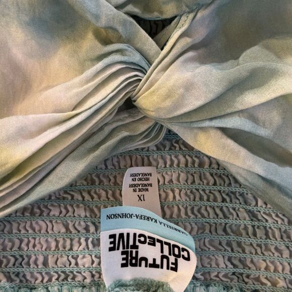 Future Collective Green & Blue Watercolor Tie-Dye Puff Sleeve Mini Fairy Dress 1 - Picture 2 of 5